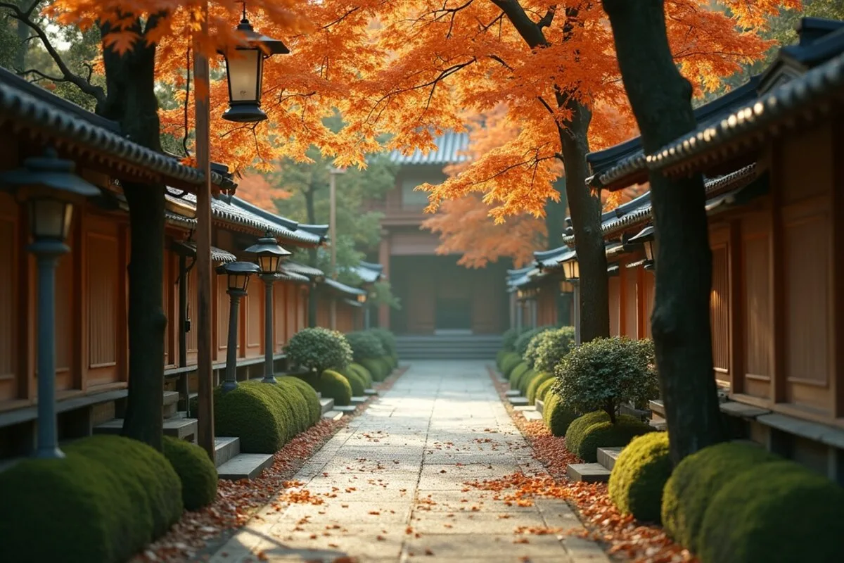 A peaceful Japanese temple path lined with maple trees, lanterns and moss in soft light