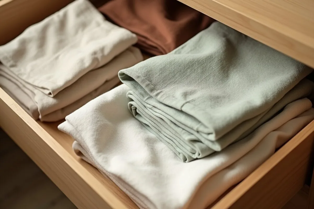 Neatly folded neutral linen and cotton clothes arranged in an open wooden drawer