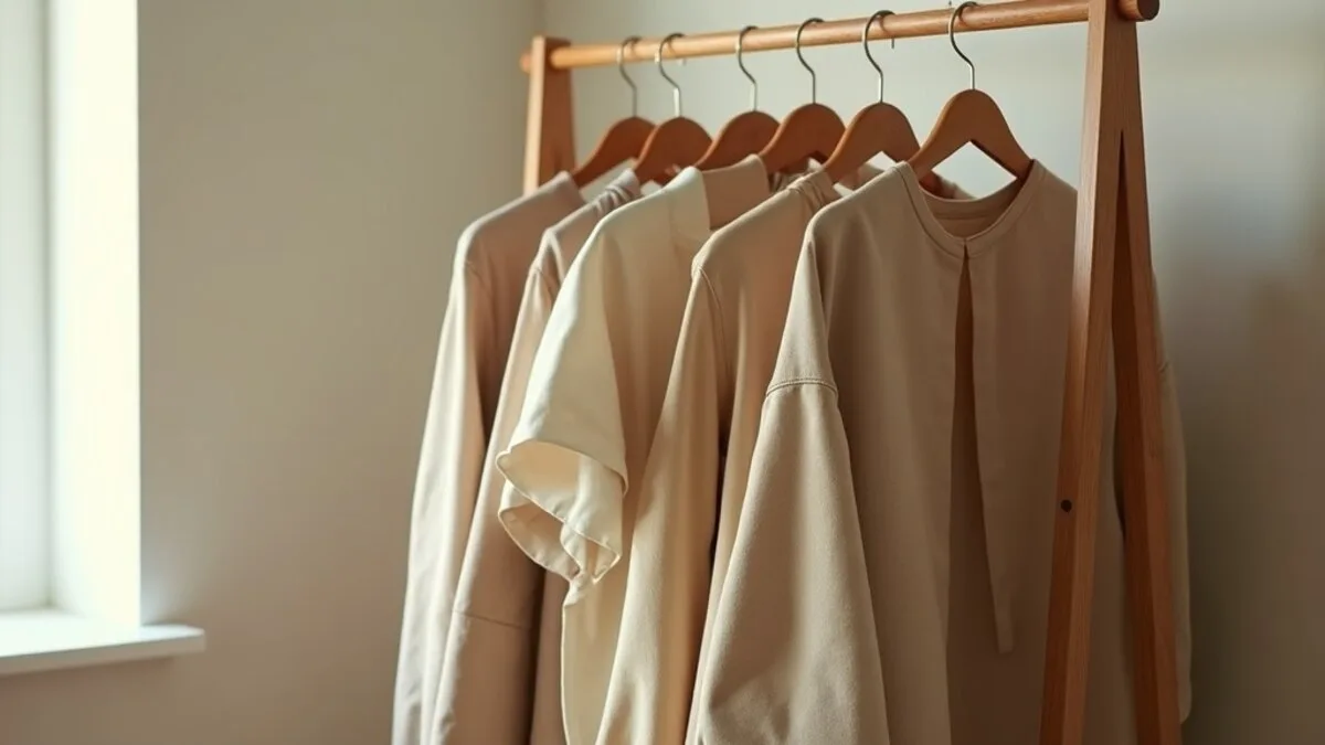 A minimalist capsule wardrobe of neutral garments on a wooden rail in a calm bedroom