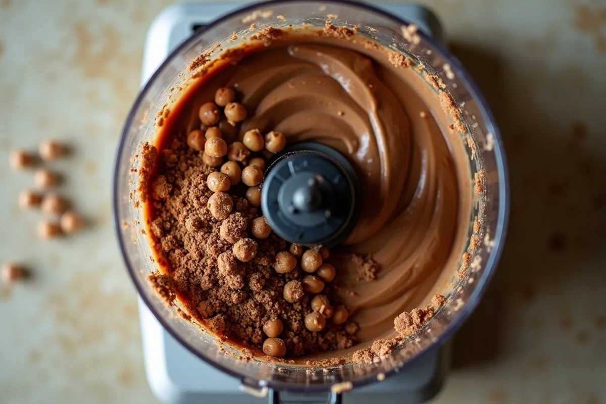 A chickpea brownie recipe in progress: rinsed chickpeas and cocoa blended into a smooth dark batter