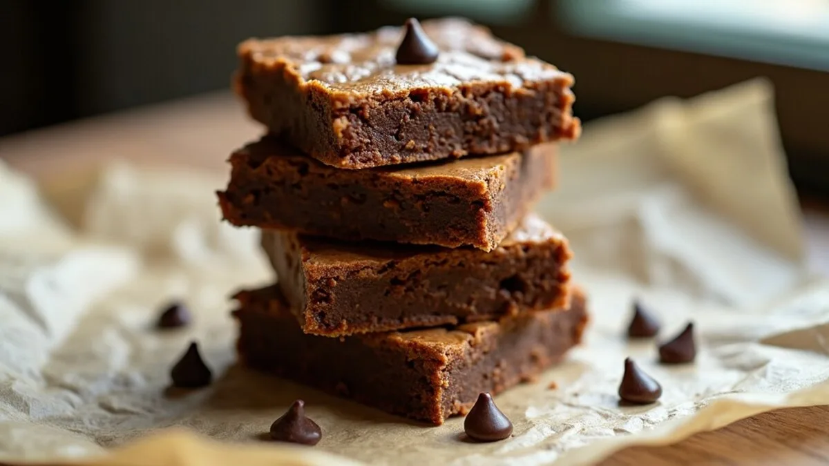 A chickpea brownie recipe: a stack of fudgy flourless brownies with glossy crackly tops