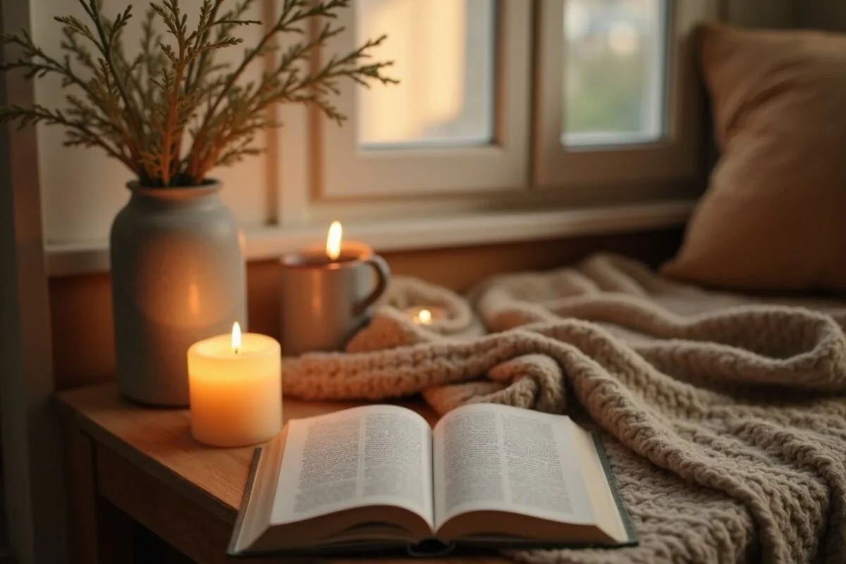 A cozy home corner with a lit candle, a wool blanket, an open book and a warm drink on a wooden table