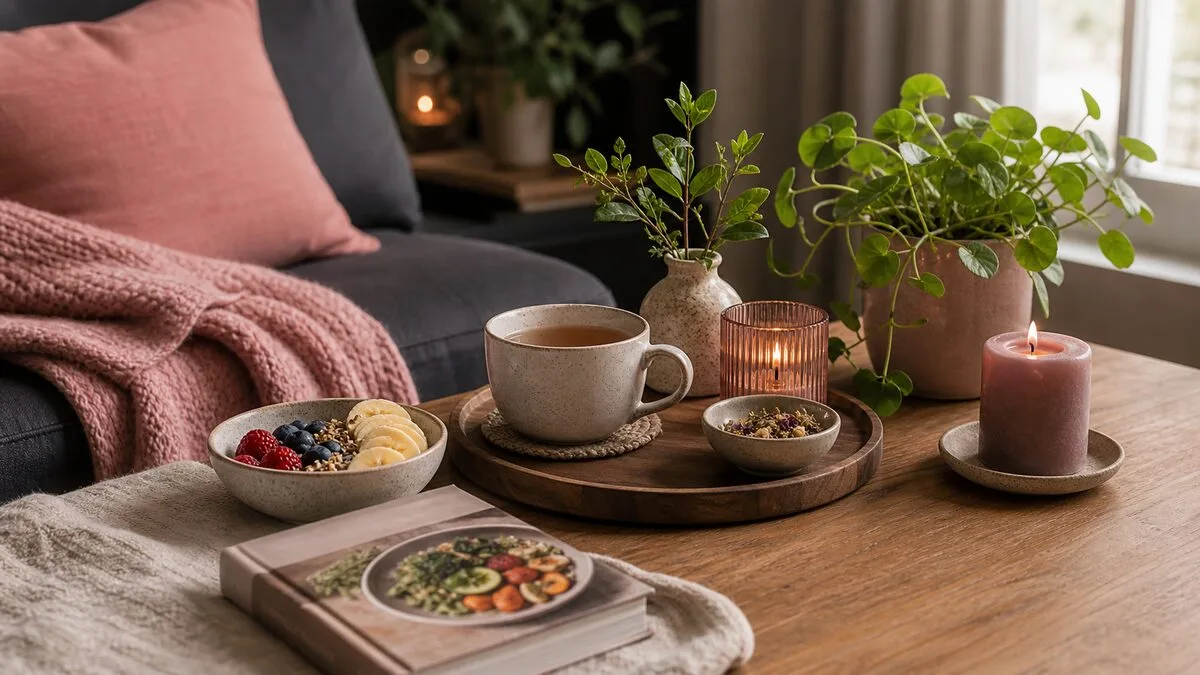 A cozy living room corner at dusk with tea, a book and pink florals