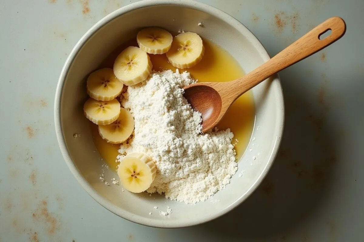 Mashed ripe bananas, flour and oil being folded together in a mixing bowl