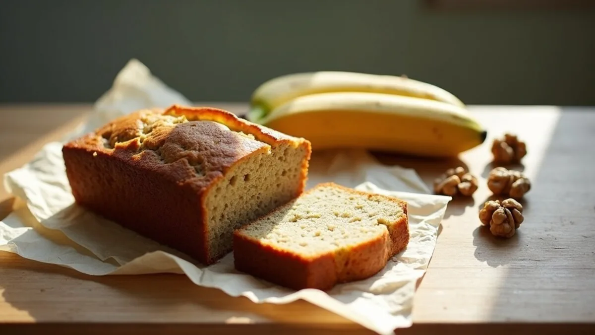 A sliced loaf of golden vegan banana bread on parchment with walnuts