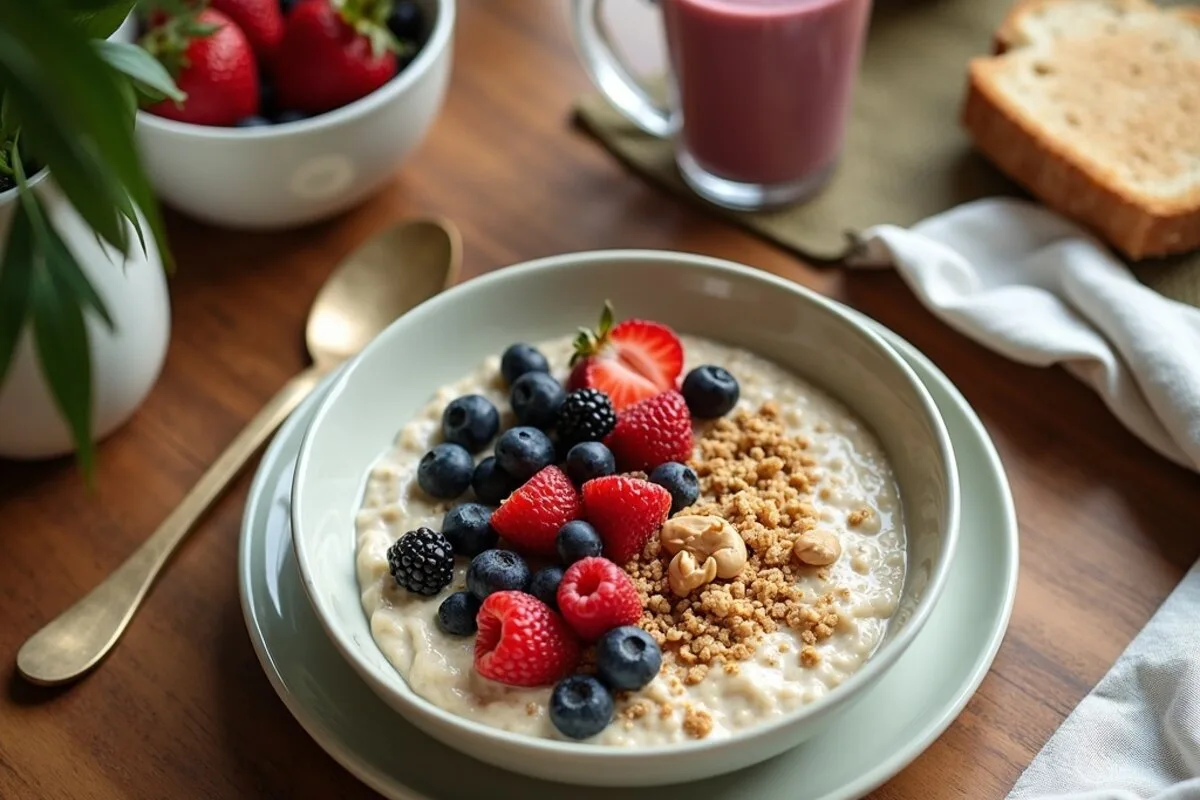 Overhead of a wholesome vegan breakfast spread: overnight oats, fresh berries, toast with nut butter and a smoothie