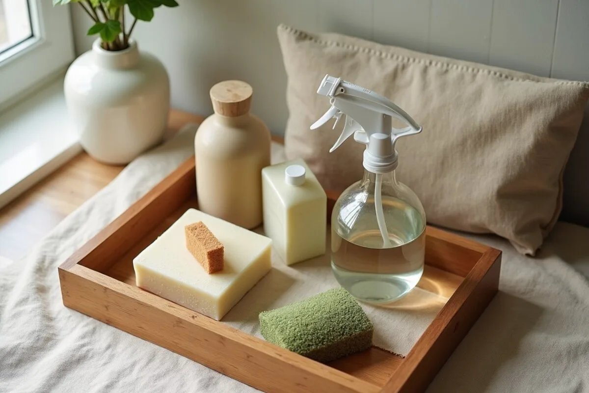 A wooden tray on a kitchen counter holding plastic-free swaps in soft morning light: a bar of solid dish soap on a small dish, a natural plant-fibre sponge, two folded cloth produce bags, and a refillable glass spray bottle with a metal trigger.