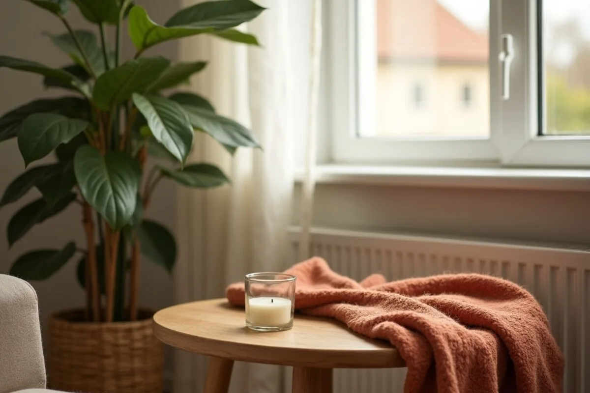 A cozy living room corner in warm afternoon light: a leafy houseplant in a terracotta pot beside an armchair, a chunky cream wool throw draped over the arm, and a refillable glass candle on a small wooden side table.
