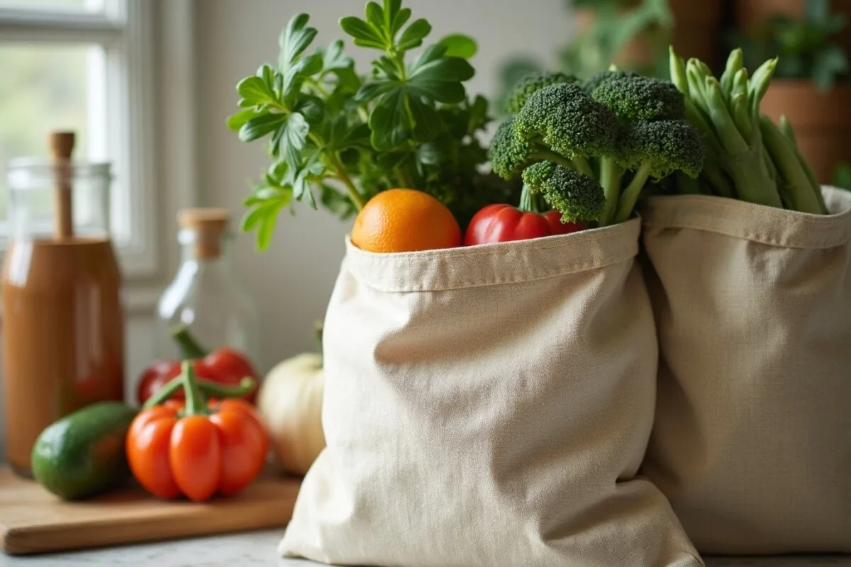 Eco friendly swaps for beginners: reusable cloth produce bags filled with fresh vegetables on a counter