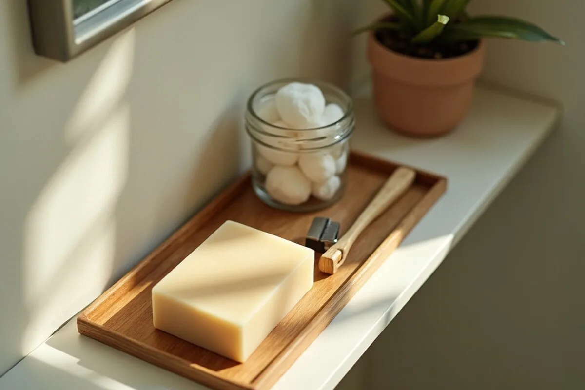 Eco friendly beginner swaps: a tidy bathroom shelf with a bar of soap, a bamboo toothbrush and a safety razor