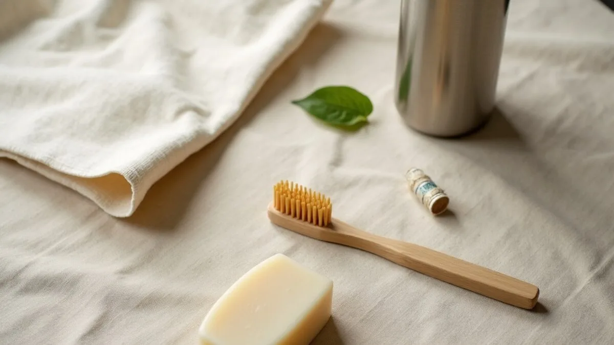 Eco friendly swaps for beginners laid out: a bamboo toothbrush, bar soap, cloth produce bag, steel bottle and beeswax wrap
