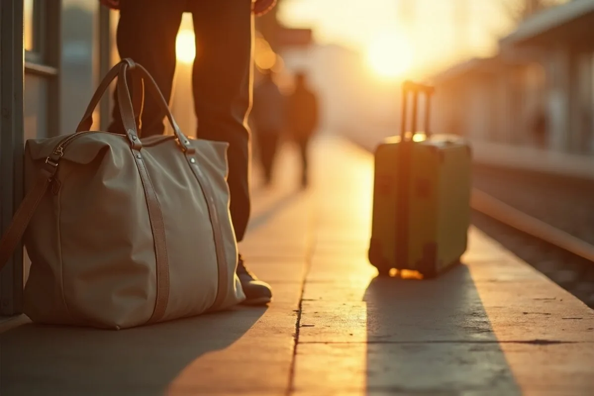 A quiet European train platform at golden hour with a packed canvas bag
