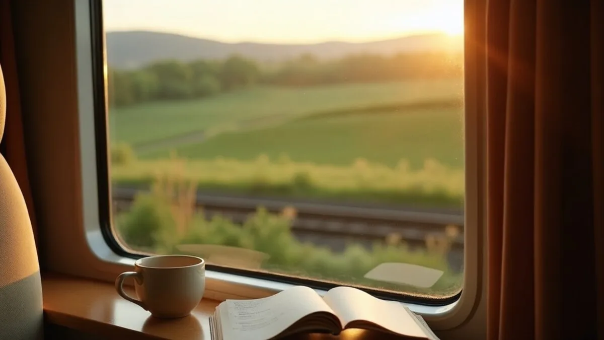 The view from a European train window of green countryside with a coffee and notebook on the ledge