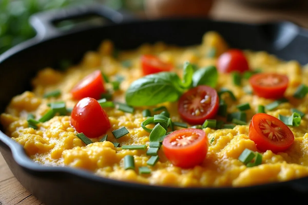 High-protein vegan breakfast recipe: a skillet of golden tofu scramble with chives and tomatoes
