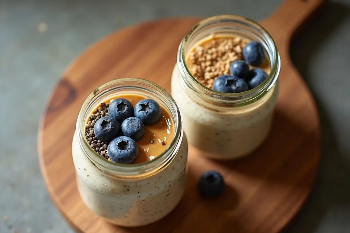 High-protein vegan breakfast recipes: jars of protein overnight oats with peanut butter, chia and blueberries