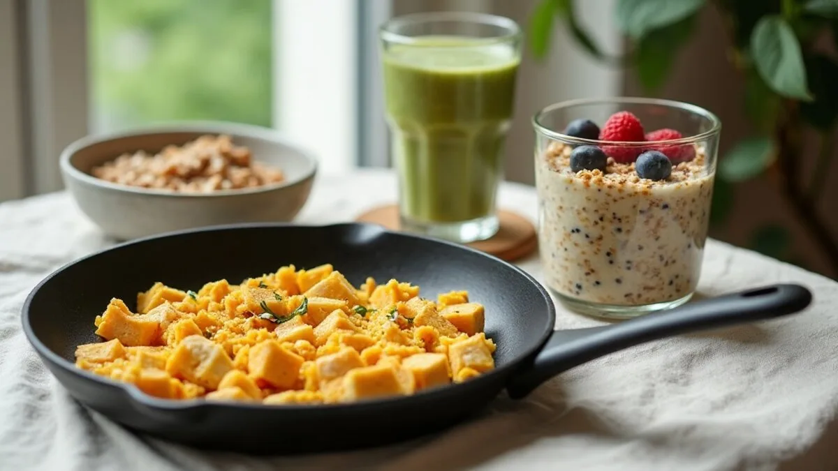 A high-protein vegan breakfast spread: tofu scramble, protein overnight oats and a green smoothie in soft morning light