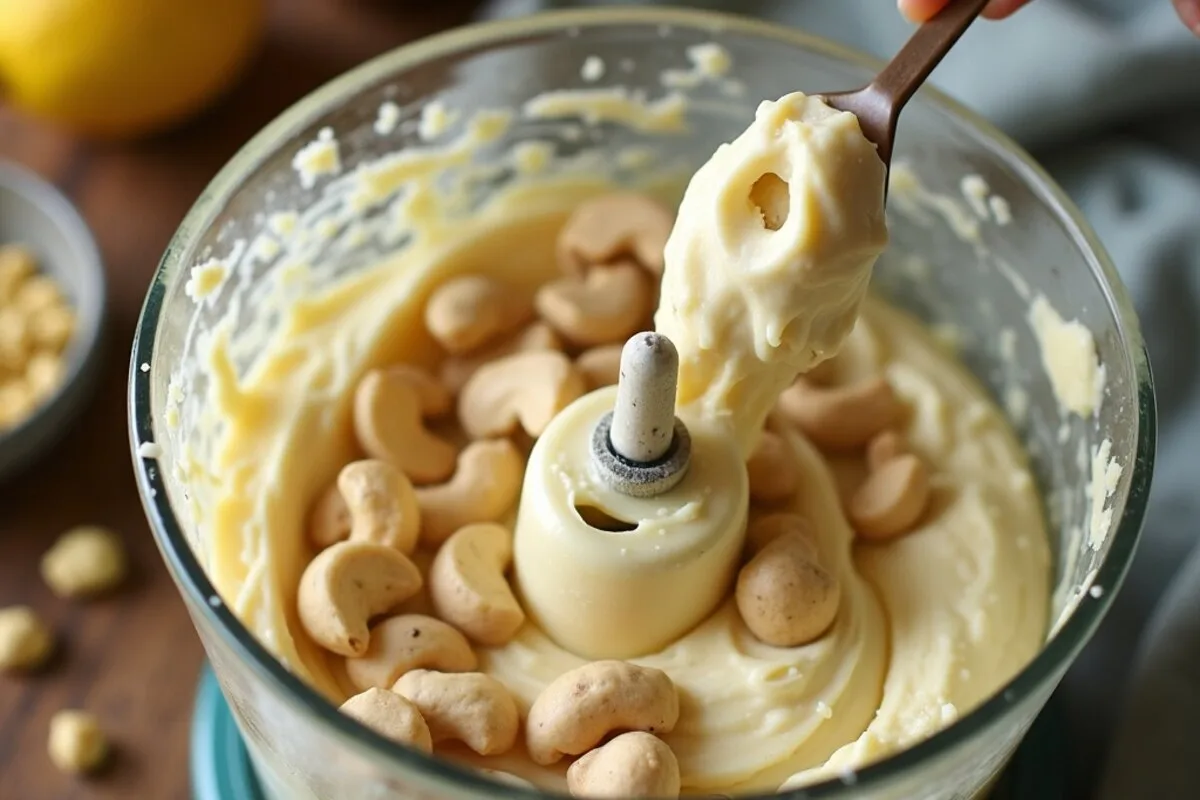 High-protein vegan cheese being made: soaked cashews blended smooth in a food processor with nutritional yeast and lemon