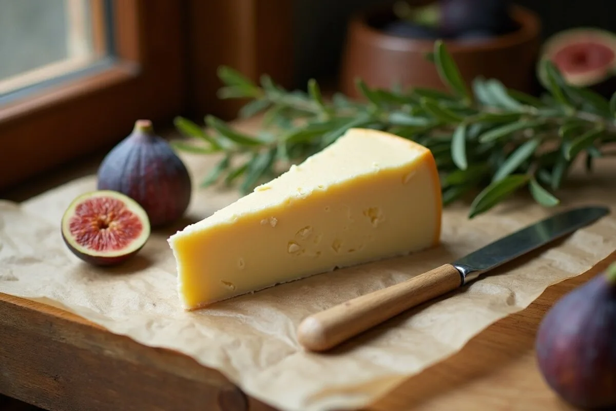 A wedge of firm aged high-protein vegan nut cheese on parchment with a small knife, fresh figs and rosemary