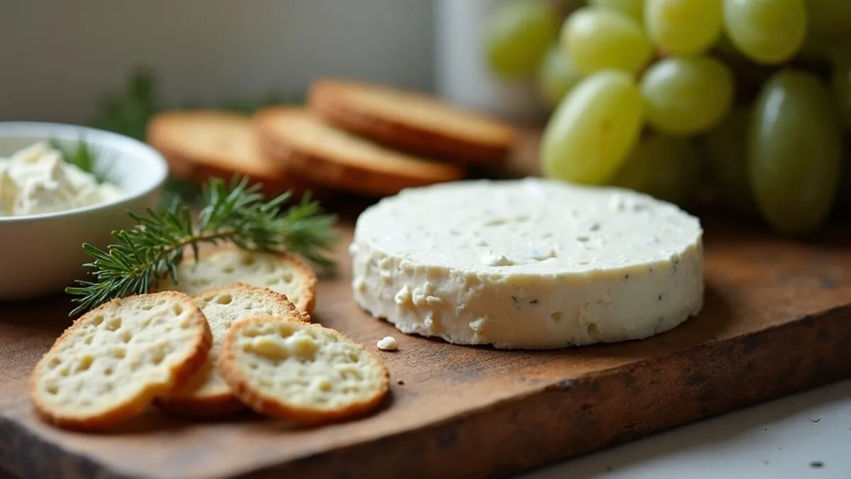 High-protein vegan cheese board: a sliced cashew cheese wheel, crumbled tofu feta and almond ricotta with crackers and grapes