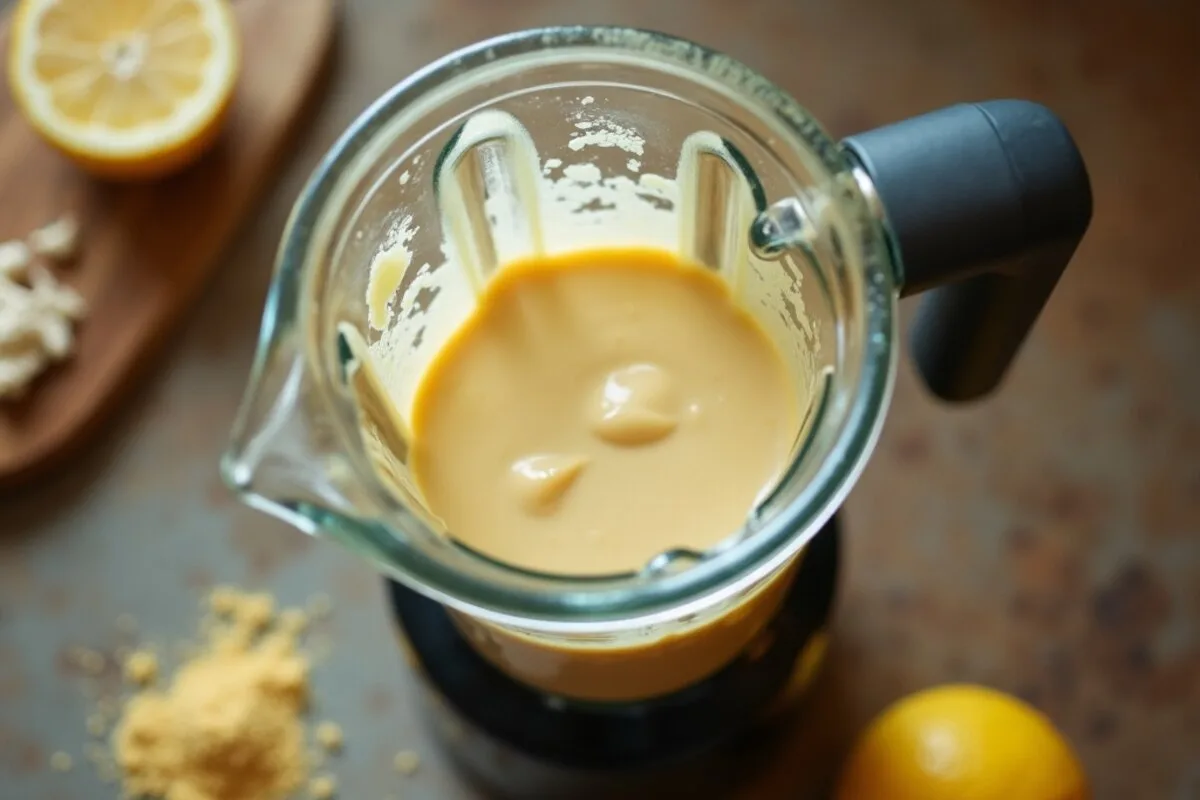 High-protein vegan mac and cheese sauce: smooth cashew and tofu cheese blended in a jug with nutritional yeast and lemon