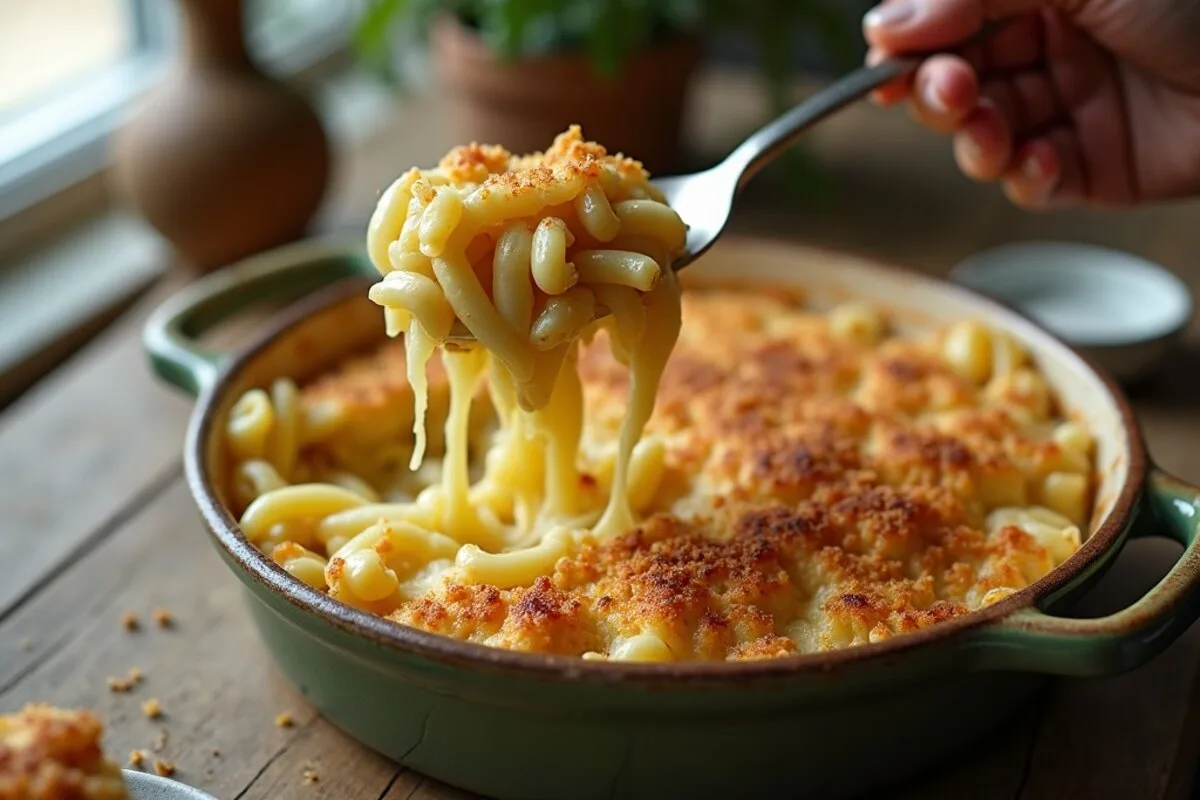 Baked high-protein vegan mac and cheese in a stoneware dish with a golden breadcrumb crust, a spoonful lifted out
