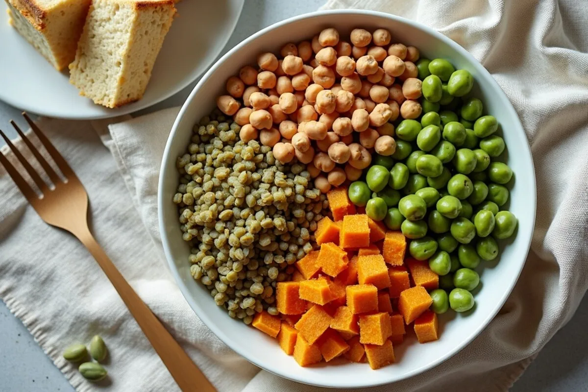 Overhead flatlay of high-protein plant foods: tofu, tempeh, cooked lentils, chickpeas, edamame and pumpkin seeds on linen