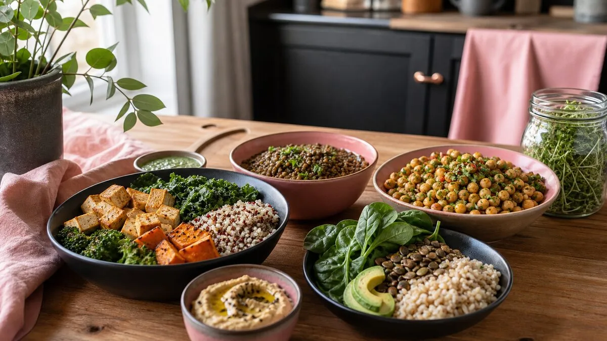 A weeknight dinner table with beans, grains, roasted vegetables, bread and a salad