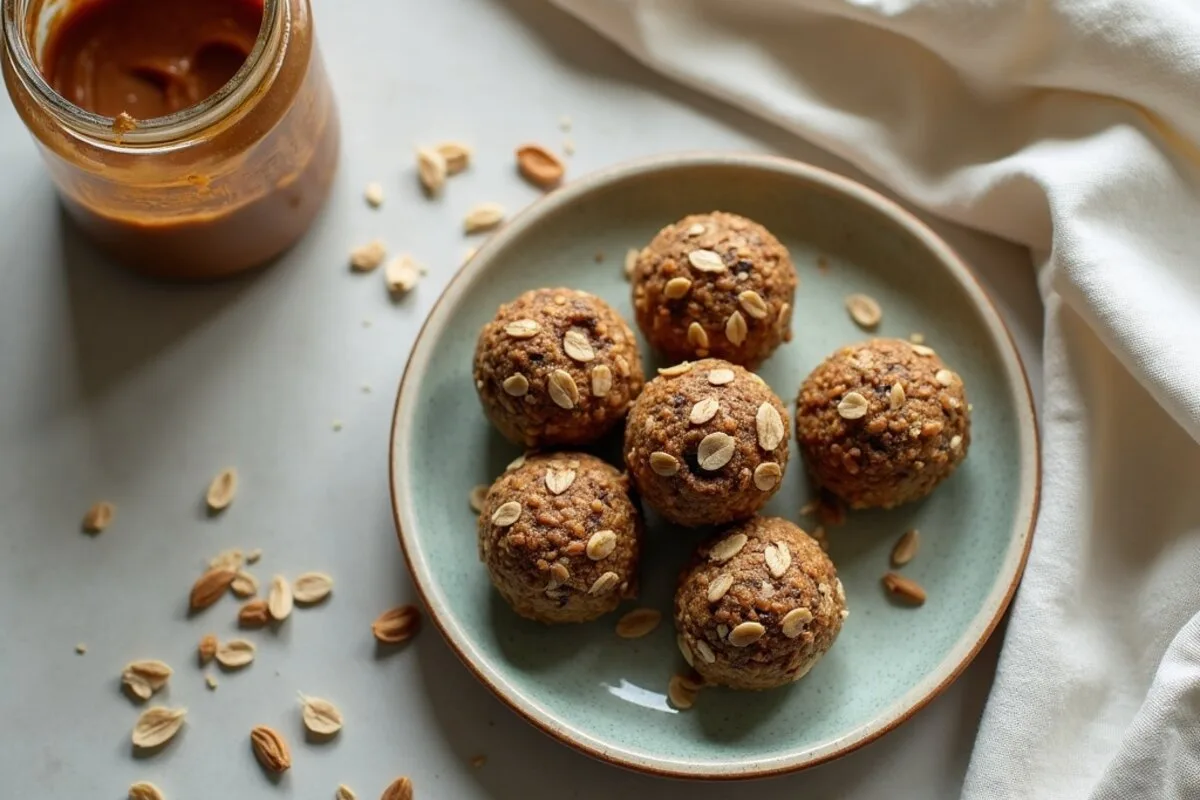 High-protein vegan snack recipes: no-bake protein energy balls rolled in oats and seeds beside peanut butter
