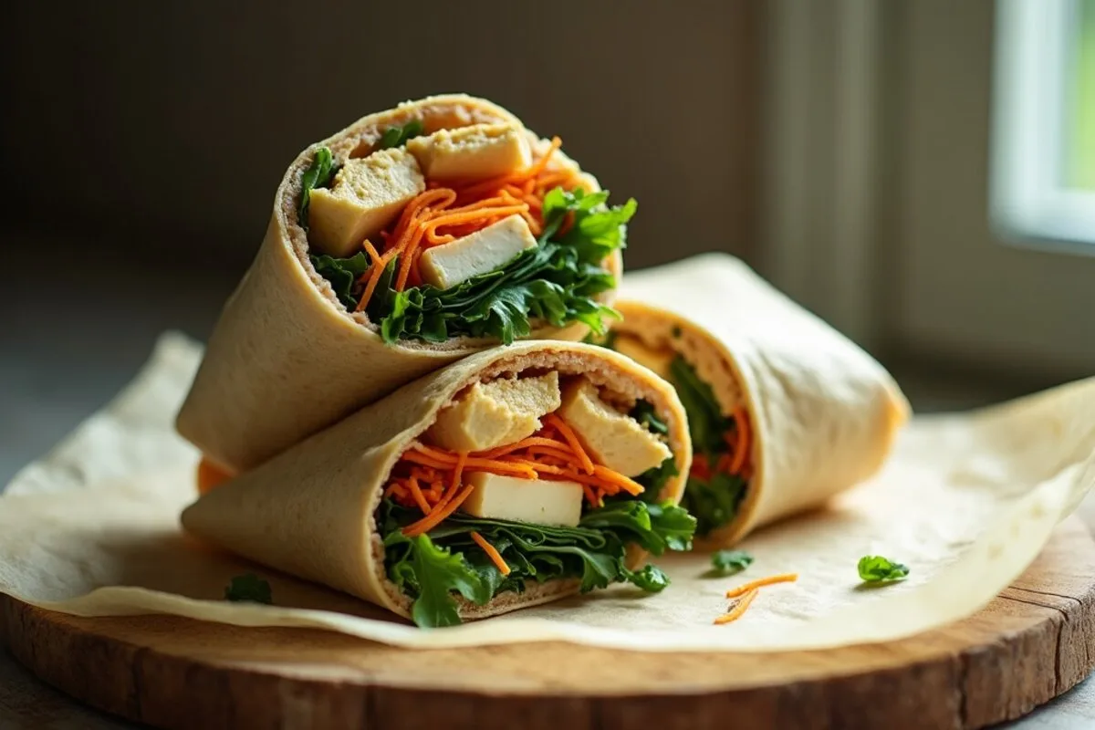 A high-protein vegan wrap cut in half showing hummus, tofu, greens and grated carrot on a wooden board