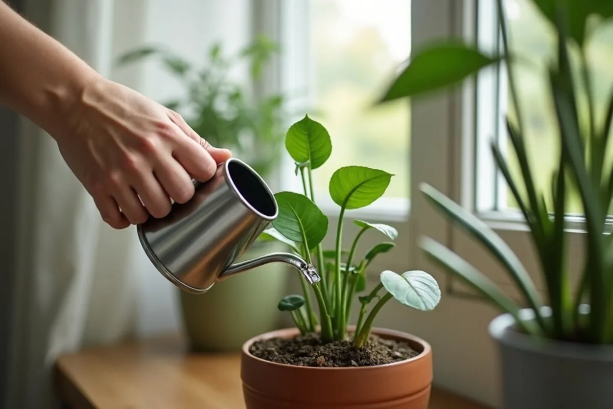 Hands watering a leafy potted houseplant with a small watering can in a bright home