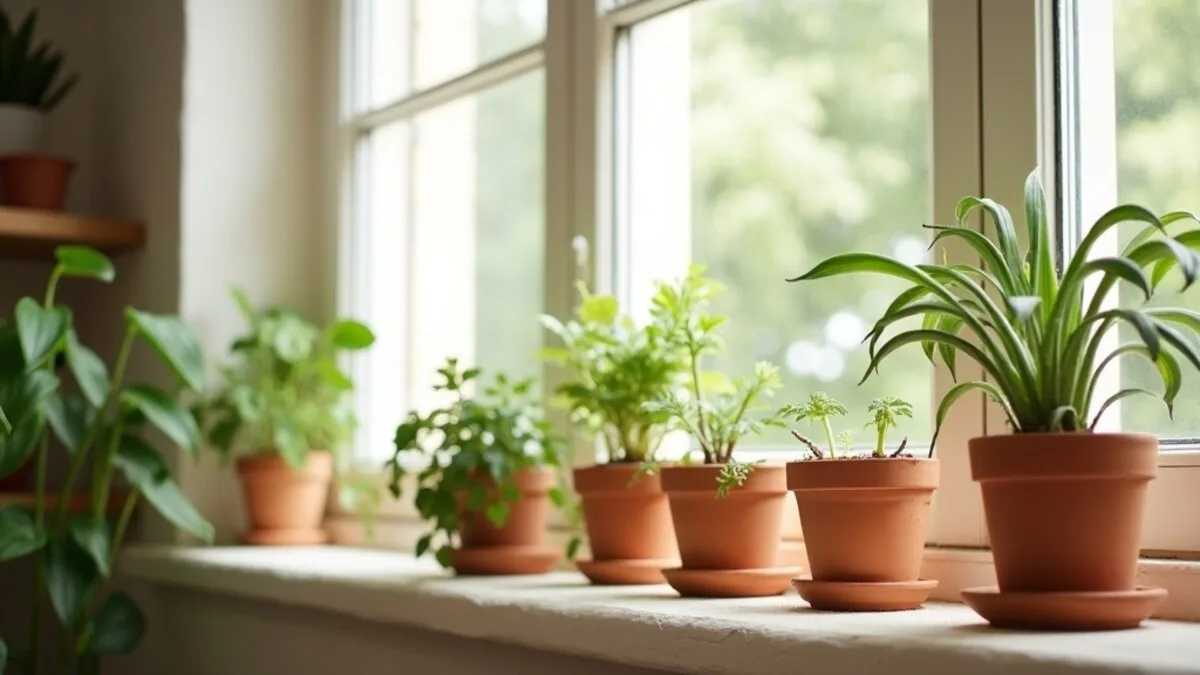 Easy houseplants in terracotta pots on a sunny windowsill and shelf in a cozy home