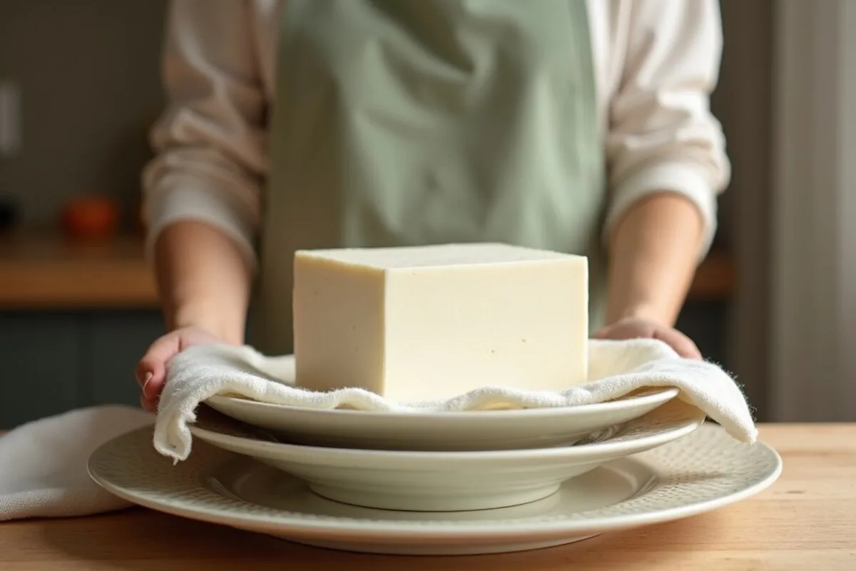 A block of firm tofu wrapped in a towel and pressed between two plates with cans on top