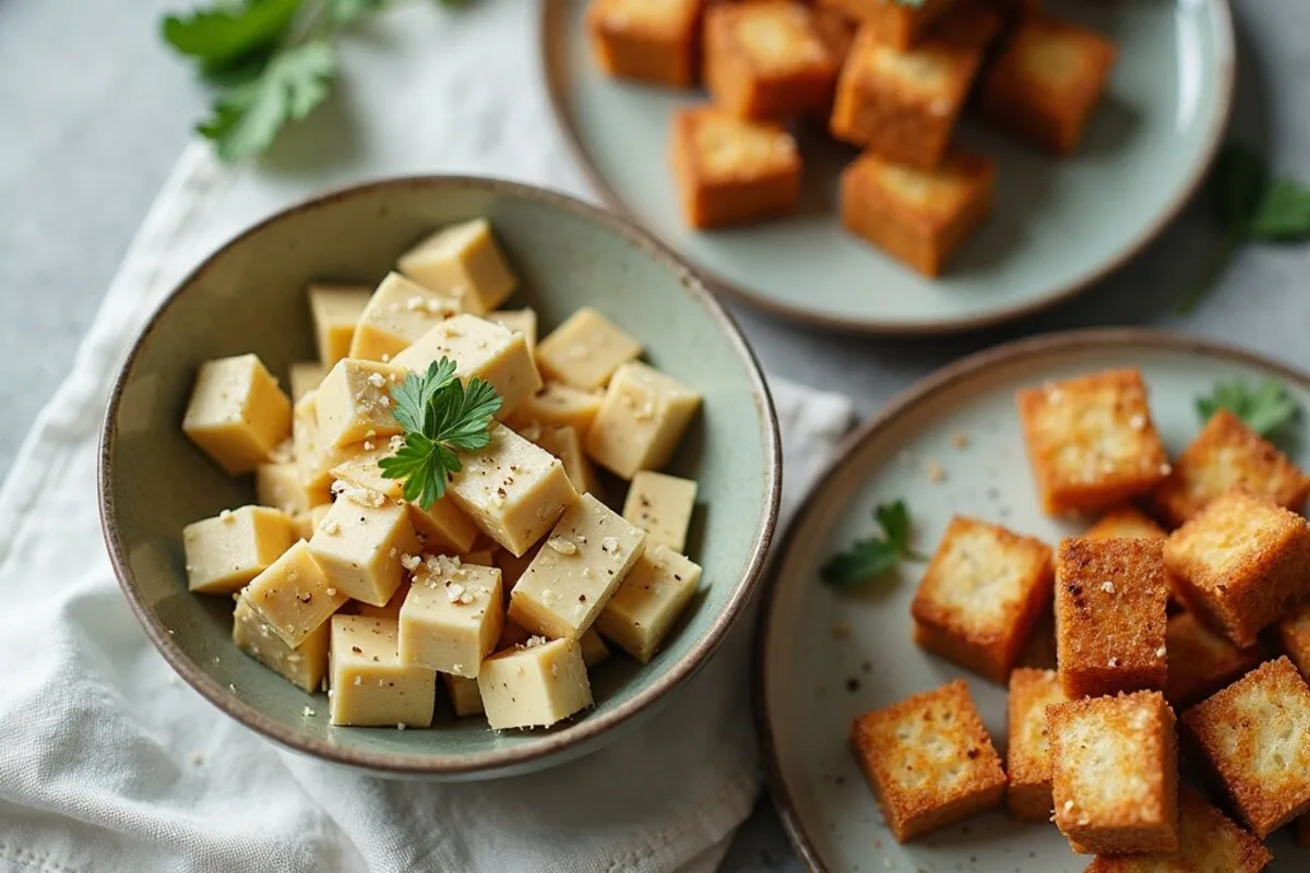 Raw cubed tofu tossed with cornstarch in a bowl beside a tray of finished crisp golden baked tofu