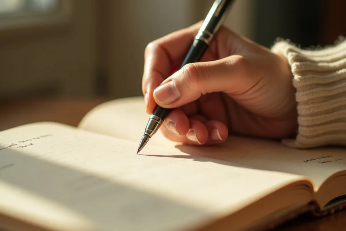 A hand writing in an open lined notebook with a simple pen, lit by warm morning light from a nearby window