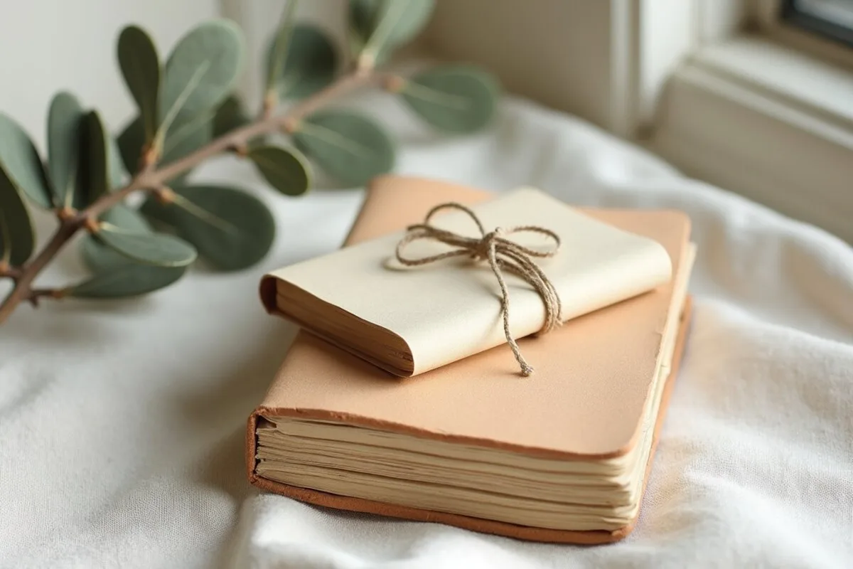 A small stack of worn notebooks tied together with twine, resting beside a sprig of dried eucalyptus on a pale surface