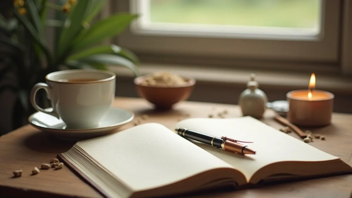An open notebook and pen beside a cup of tea on a wooden table in soft morning window light