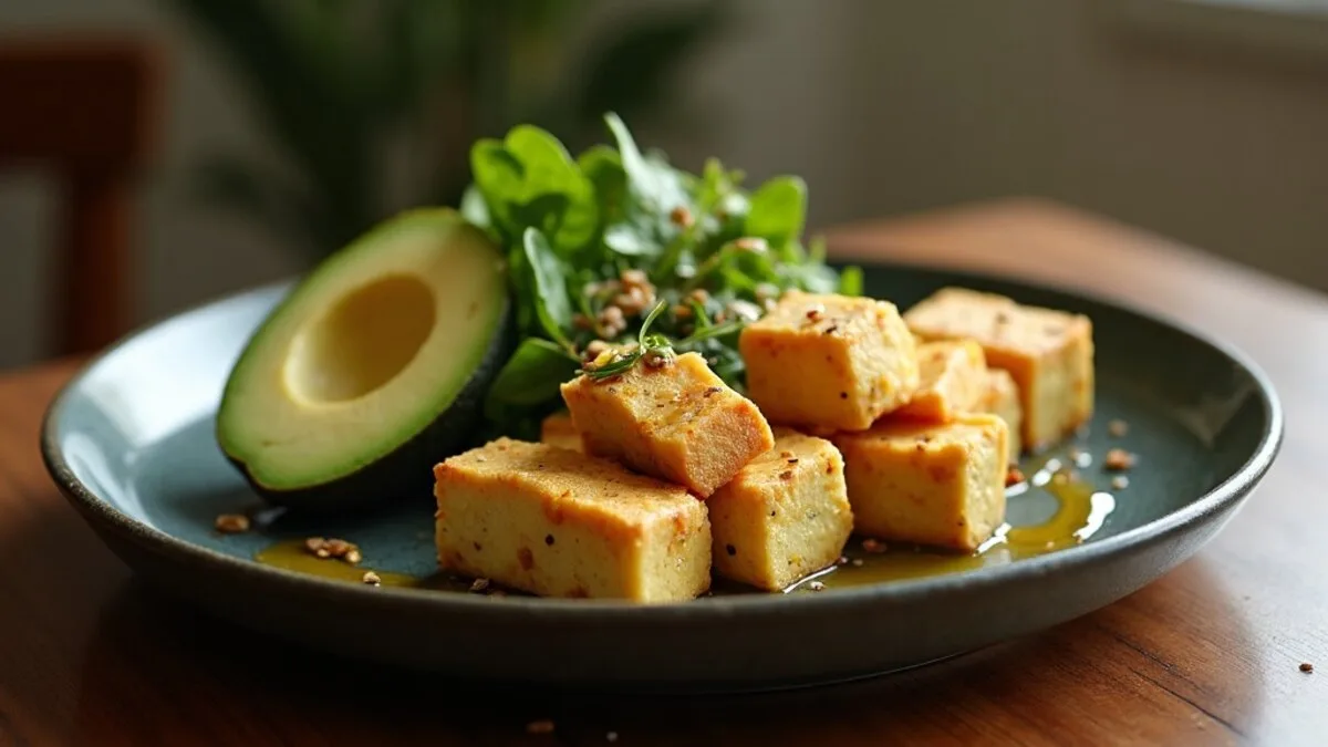 A keto tofu recipes plate: golden seared tofu with avocado, sauteed greens and sesame seeds
