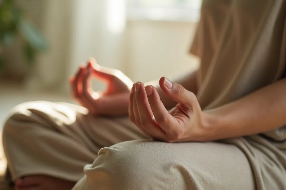 Hands resting gently on the knees in a calm seated meditation posture