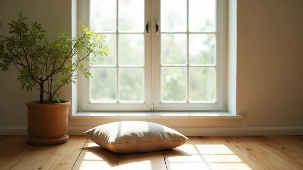A quiet home meditation corner with a cushion by a window and a trailing plant