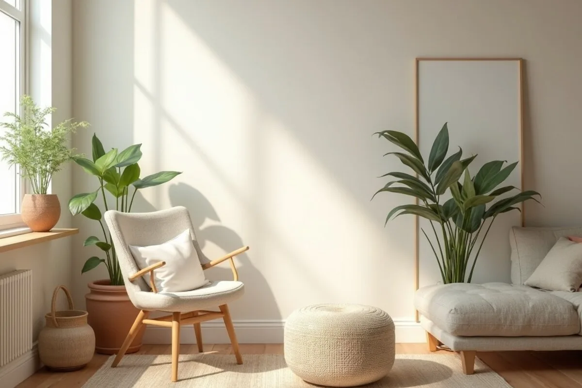 A serene minimalist living space with a few plants, neutral textiles and uncluttered wooden surfaces in soft daylight