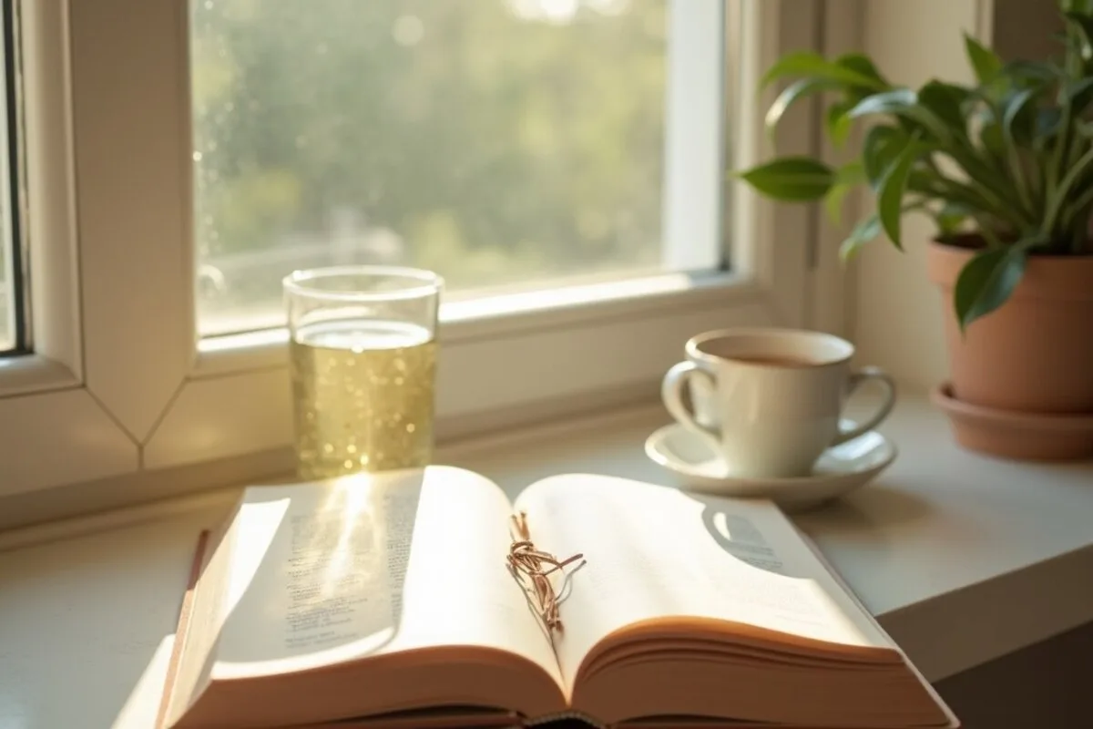 A calm morning windowsill with a glass of water, an open journal and a cup of tea in soft early light