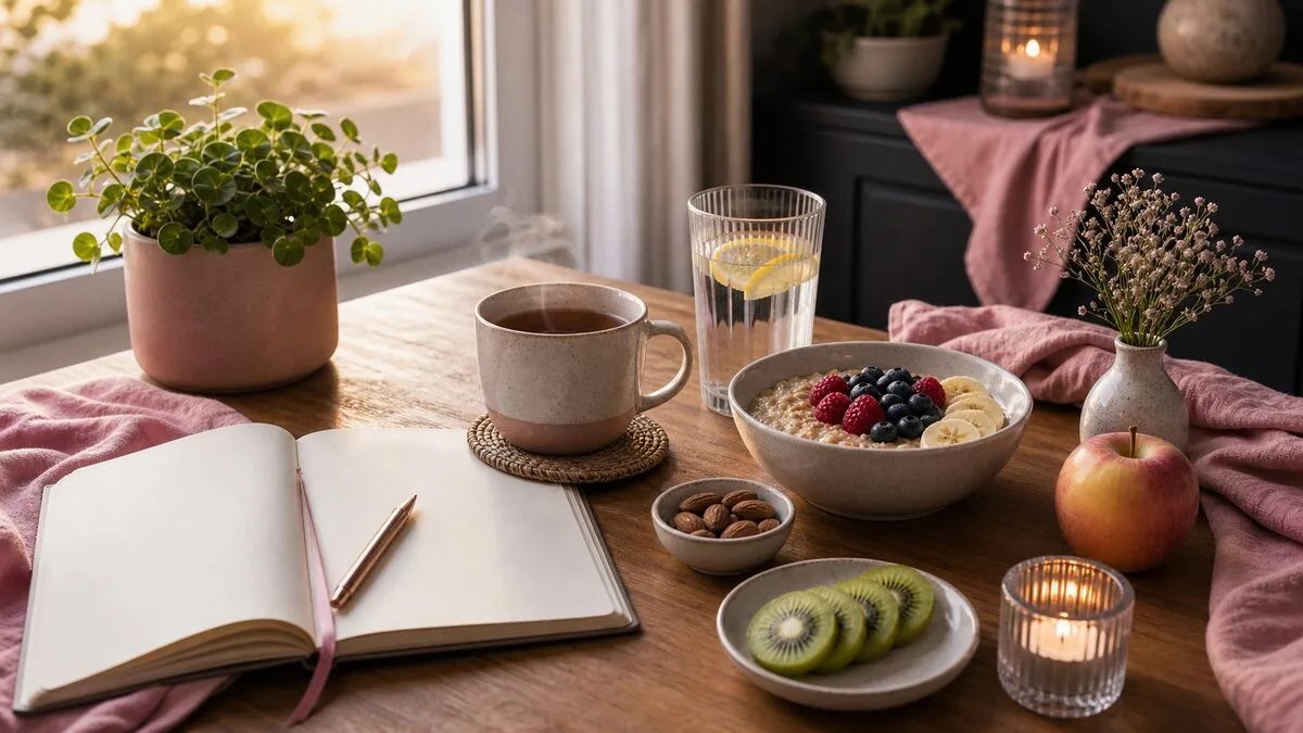 Morning wellness table with porridge, tea, journal and candle