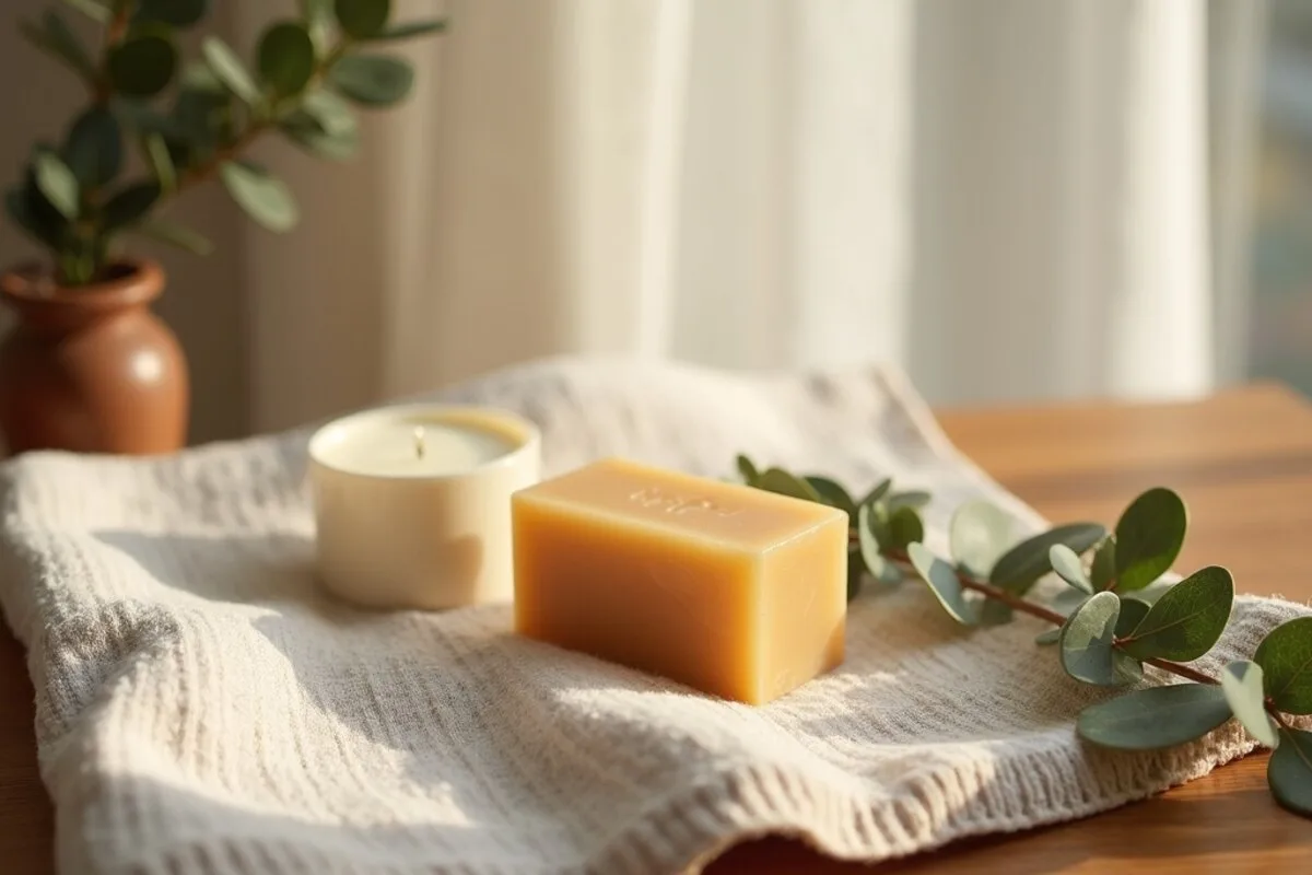 A gentle self-care flatlay with a linen towel, a bar of natural soap, a candle and a sprig of eucalyptus on wood