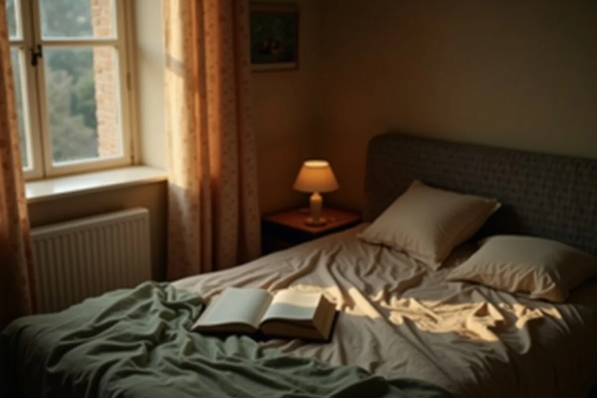 A calm dim bedroom at dusk with linen sheets, a book and a small lamp on the nightstand