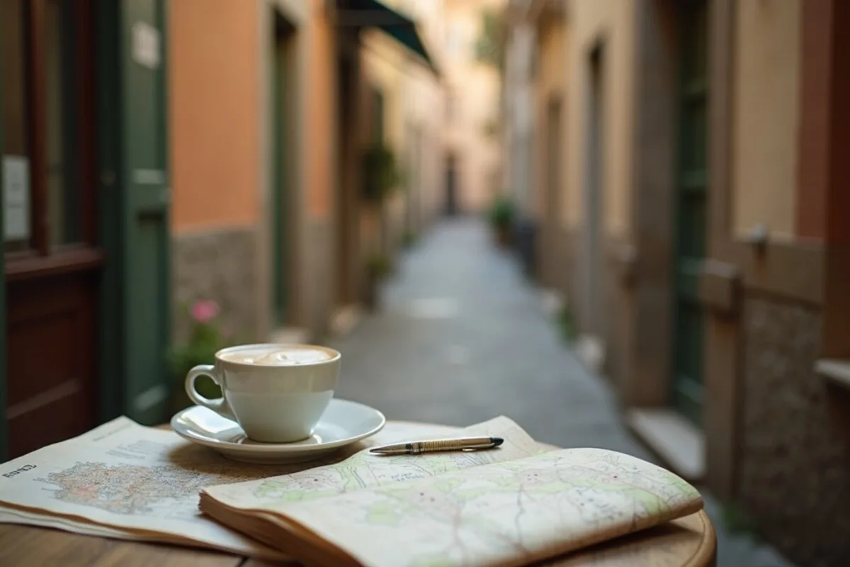 A quiet cafe table abroad with a coffee, a paper map and a worn notebook in morning light