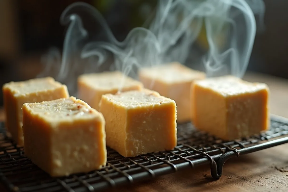 Pressed tofu slabs rubbed with salt and smoked paprika resting on a rack before smoking for smoked tofu recipes