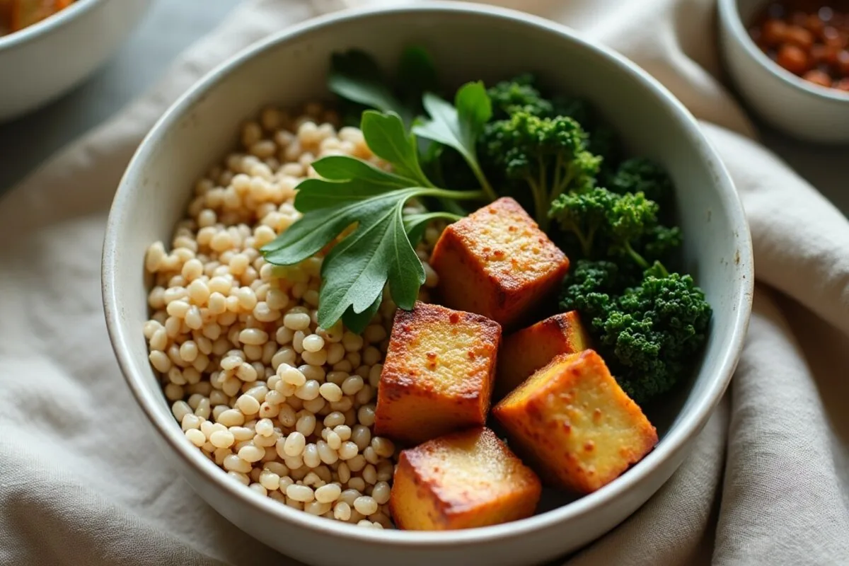 Bowl of smoked tofu carbonara-style pasta with crisp smoked tofu pieces and black pepper, one of the smoked tofu recipes