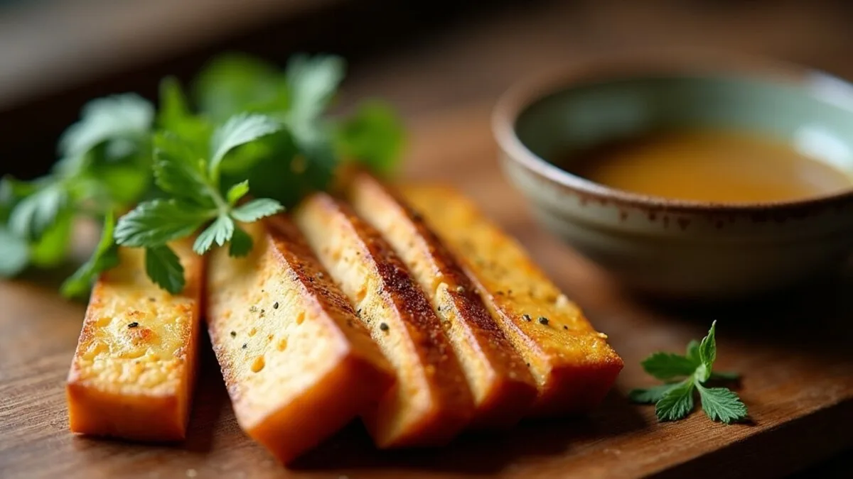 Smoked tofu recipes spread: slices of deep golden smoked tofu on a board with herbs and dipping sauce