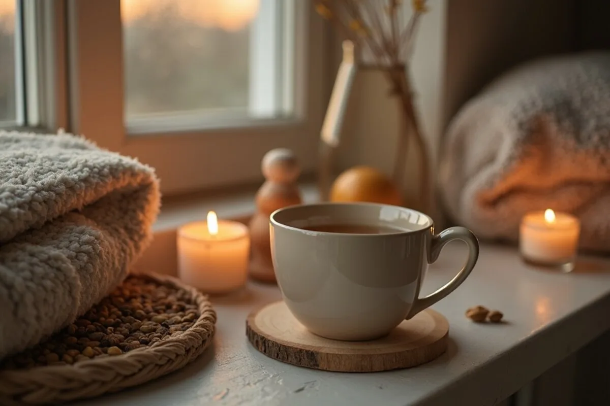 A soothing self-care corner with a warm cup of herbal tea, a candle and a folded blanket by a window at dusk