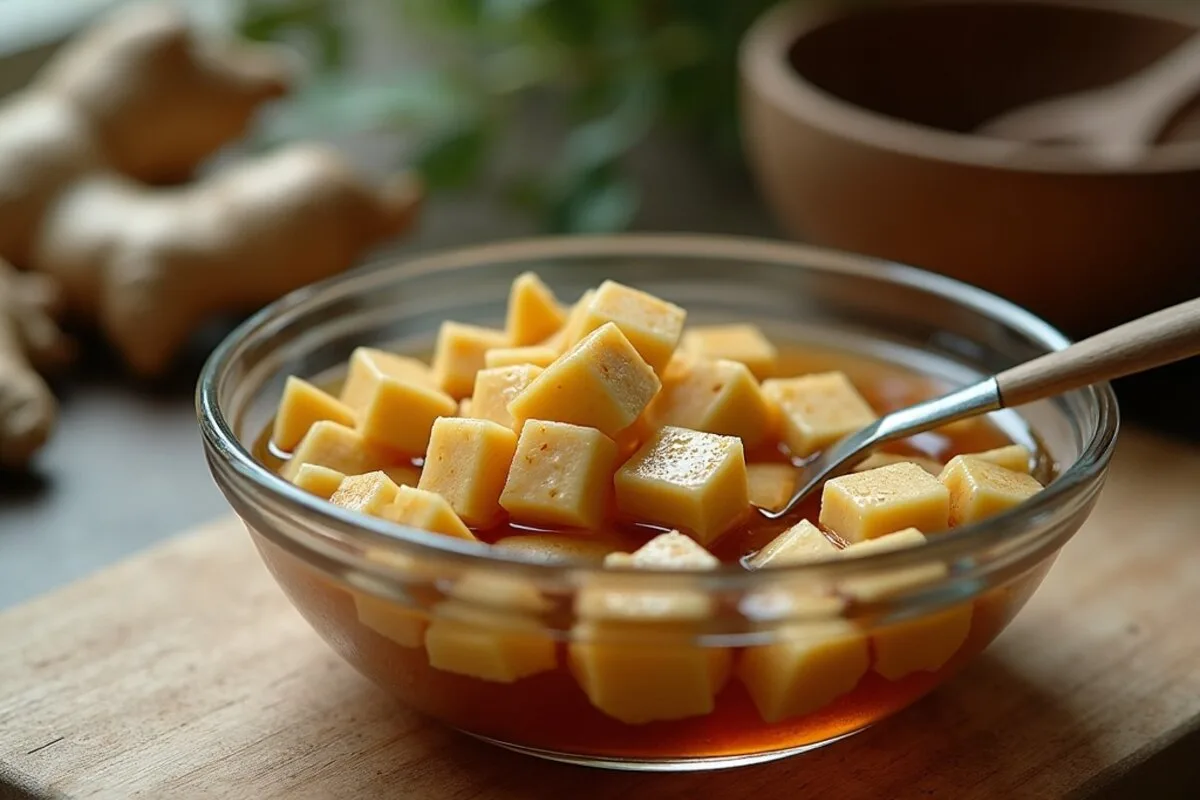 A block of tempeh sliced to show the whole fermented soybeans held together inside